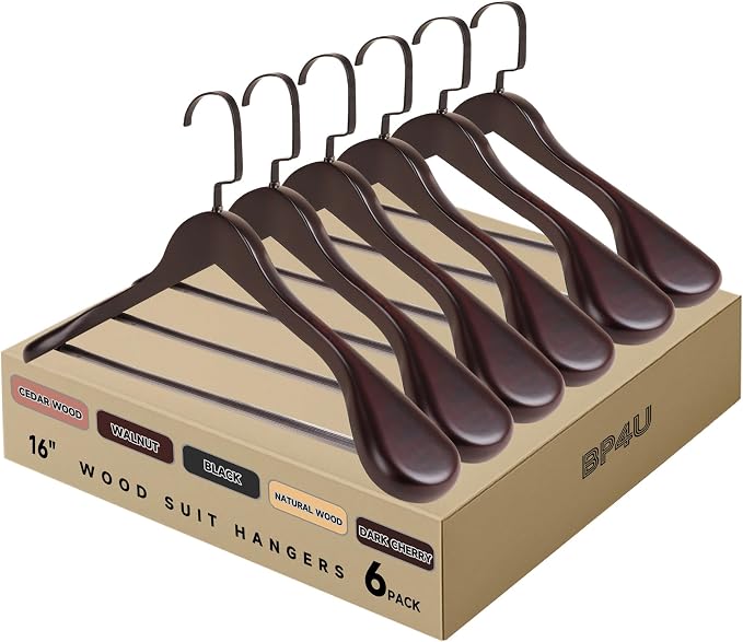 Wooden Suit Hangers with Non Slip Pants Bar, Dark Cherry, 6-Pack, 16" | Wood Extra-Wide Shoulder Hangers, Flat-Head Hook Hangers for Suits, Coats, Jackets, Shirts, Pants, and Heavy Clothes by BP4U%E2%84%A2