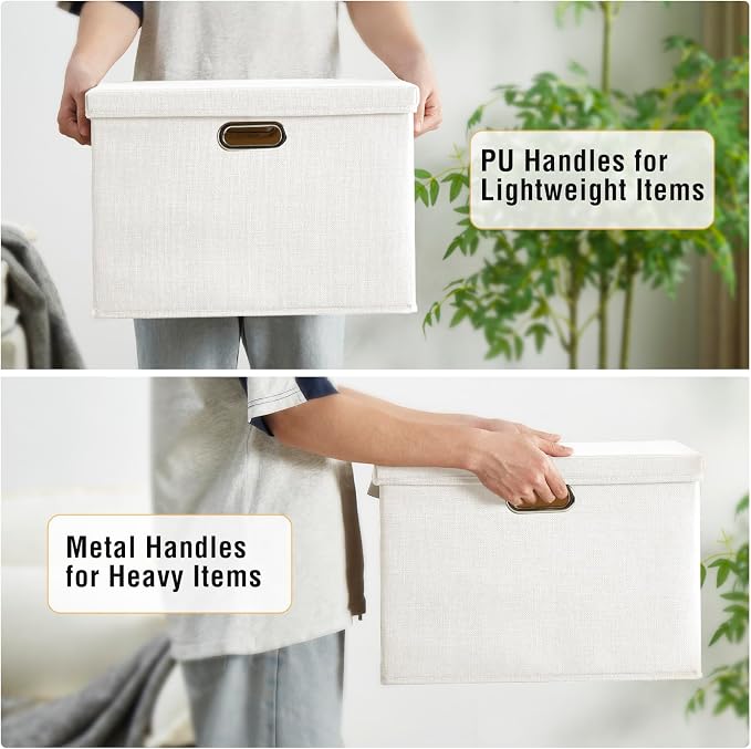 Roobyl 15" Fabric Storage Box with Lids, 3-Pack, White | Stackable, Foldable, 2 PU Handles and 2 Metal Handles, Decorative Fabric, For Home, Bedroom, Closet, Office, Nursery - Image 4