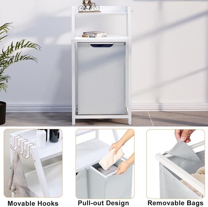 Laundry Hamper, Laundry Sorter, Rolling Laundry Basket with Wheels, 2 Shelves, 18 Gal(68L), Pull-Out and Removable Oxford Fabric Bags, White and Grey - Image 4
