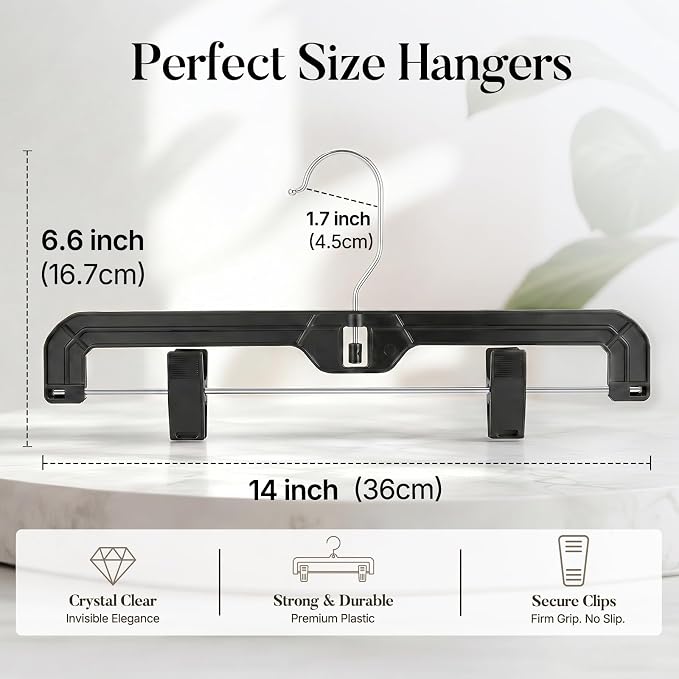 HOUSE DAY Black Pants Hangers with Clips 12 Pack, Plastic Skirt Hangers for Women, 14 Inch Clip Hanger for Pants, Skirts, Jeans, Shorts, Legging, with 360-degree Swivel Hook, 2 Adjustable Clips - Image 9