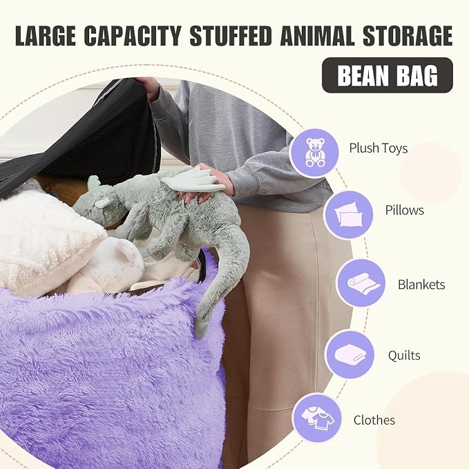 Bean Bag Cover (No Filler) - Faux Fur Beanbag Chairs Covers Only, Stuffed Animal Storage Bean Bag for Adults, Large Washable Beanbag Cover Without Filling, 5FT, Purple - Image 3