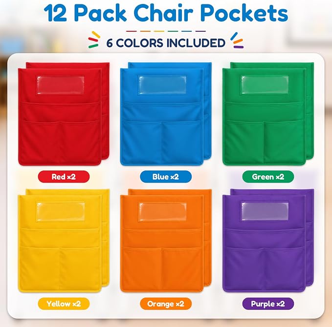 LACCHOUFEE Chair Pockets for Classrooms, 16" X 19" Seat Pockets for Classroom Chairs K-2, 12 Pack Chair Bags Organizer with Name Tag for Student Classroom Chair Back Storage in School, Multicolor - Image 2