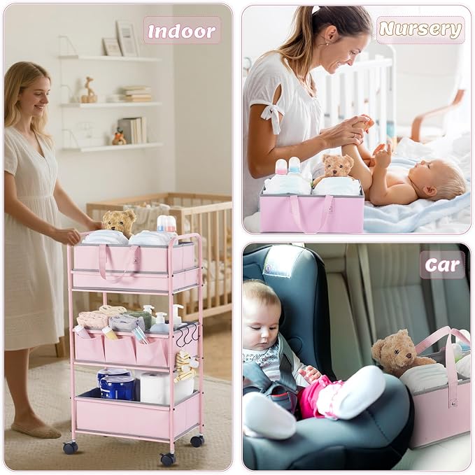 Honeydak 2in1 Baby Diaper Caddy Organizer Cart 3 Tier Large Capacity Metal Utility Bedside Rolling Cart with Divider Newborn Registry Nursery Essential Must Have Crib Bedroom Baby Shower(Pink) - Image 4