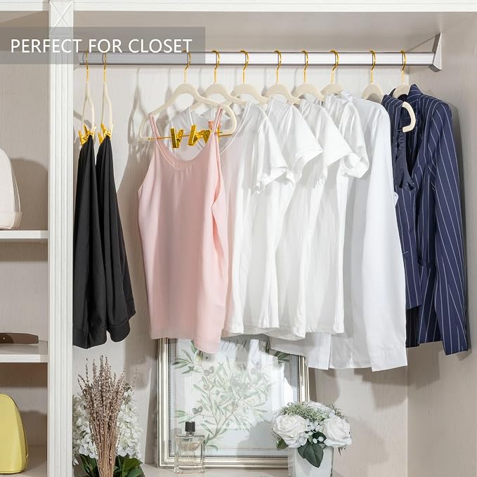 MIZGI Premium Velvet Pants Hangers with Adjustable Clips (Pack of 30) Slim Skirt Hangers- Non Slip Felt Outfit Dress Hangers Ivory - Gold Hooks,Space Saving Shirt Clothes Hangers - Image 5