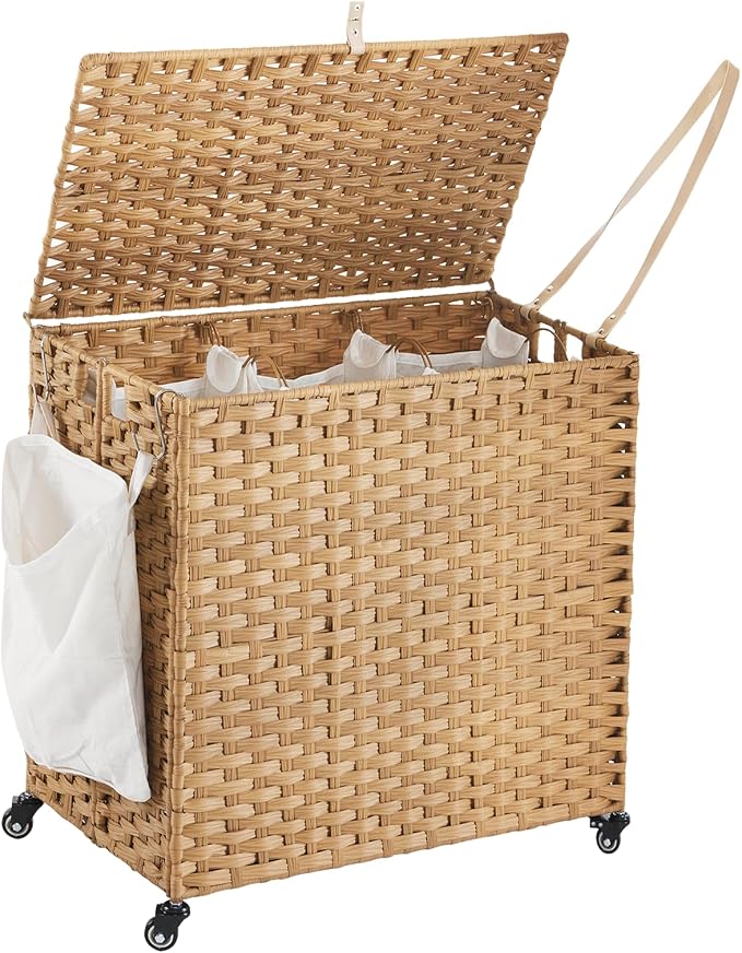 Laundry Hamper with Wheels, 39.6 Gallon(150L) Rolling Laundry Basket with Lid, 3-Section Rattan Clothes Hamper with 3 Removable Liner & 3 Mesh Bags, Laundry Sorter with Side Pocket, Natural by Hiagnete
