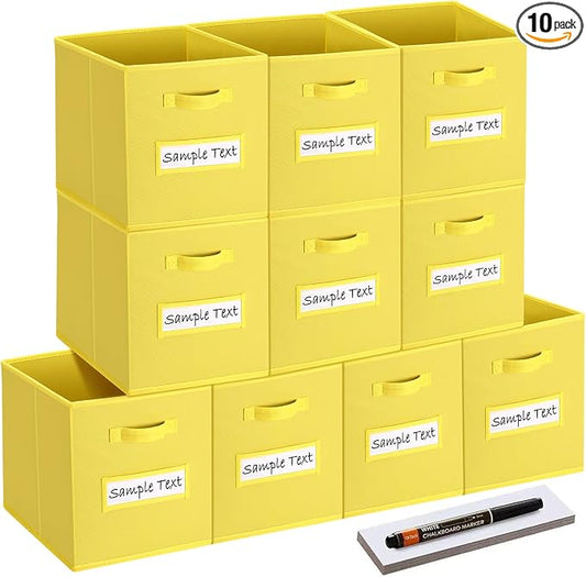 11x11 storage cube bins (Set of 10) Foldable Fabric storage cubes with 10 Labels Window Cards & a Pen,11 inch cube storage bin,Closet Organizers for Shelves,Cubby Organizer Boxes,Dark Yellow by Artsdi
