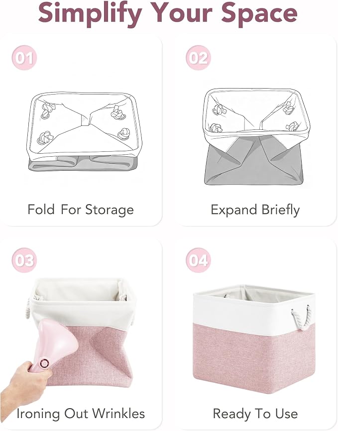 13x15x13 Inch Large Storage Bins with Cotton Rope Handles 6-Pack | Foldable, Top support of metal frame, Bottom with Cardboard Support, Fabric Cube Storage Bins for Closet, White Pink - Image 6