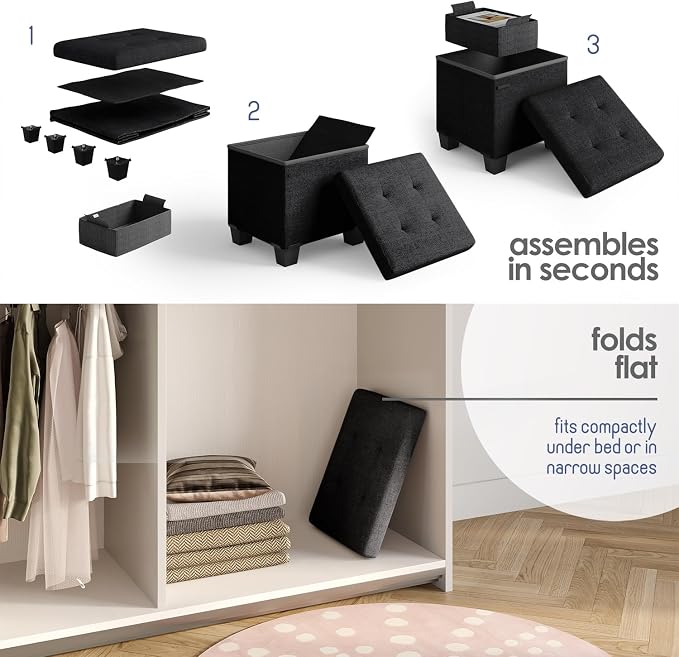 Storage Ottoman Cube with Small Bin, 15-in Square Ottoman with Storage for Living Room and Bedroom, Small Ottomans Foot Rest, Fabric Foot Stools Ottomans Max 330lbs, Black - Image 8