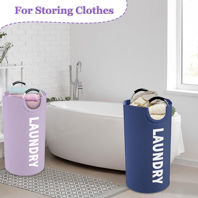 2PCS 95L Collapsible Laundry Basket, Dirty Clothes Hamper for Family | IHOMAGIC Padded Handle Dirty Clothes Hamper, Freestanding Storage Basket For Bedroom, Travel, Camping, Purple+Navy Blue - Image 5