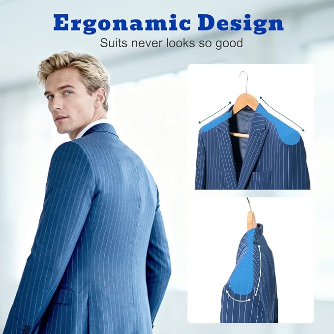 HOUSE DAY Wood Suit Hangers for Men, Smooth Wide Shoulder Wooden Hanger with Non Slip Pant Holder, Wide Hangers for Suits, Coats, Jackets, Heavy Wide Clothes Hanger 2 Pack, Natural - Image 2