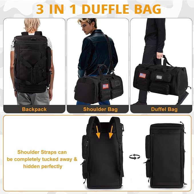 Expandable Gym Bag for Men,Tactical Large 3-in-1 Travel Duffle Backpack Bag | Water-Resistant Sports Bag With Shoes Compartment,Multi-Functional Travel Duffel Bag For Weekend, Overnight, Workout,Camping - Image 6