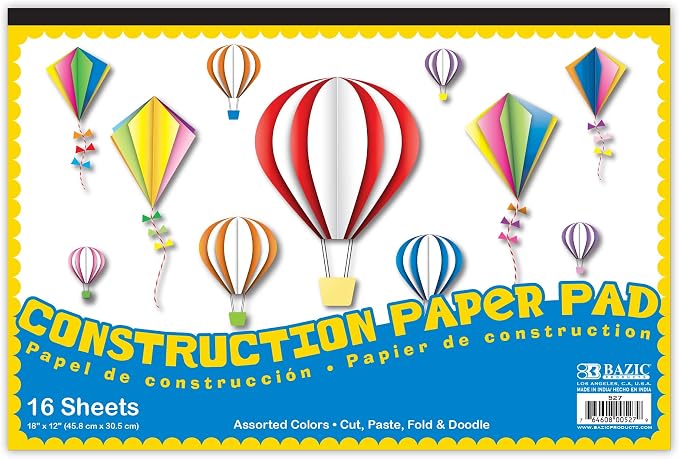 BAZIC Construction Paper Pad 16 Sheet 18" X 12", Assorted Colors, for Fold Cut Glue, Gift for Classrooms School Home DIY, 1-Pack | 16-sheet pad of assorted-color construction paper, Cutting, Folding, Crafts, For school and craft projects by BAZICProducts