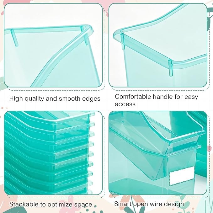 Geetery 24 Pcs Book Bin for Classroom with Labels Stackable Plastic Organizing Bins 11.5 x 5.4 x 7.5 in Book Holders Storage Bins Box Baskets for Classroom Library Home (Blue-Green) - Image 3