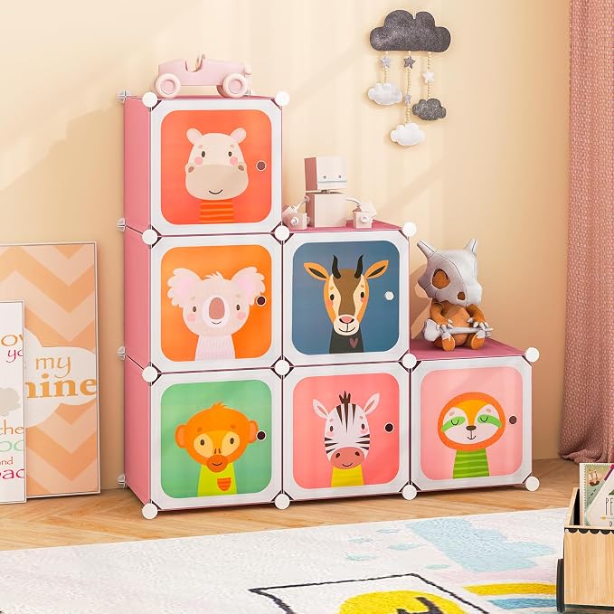 HONEY JOY Kids Wardrobe Closet, Baby Cartoon Clothes Storage Organizer, 8 Cubes & 2 Hanging Sections, Portable Children DIY Modular Bedroom Armoire Dresser Cabinet for Boys Girls (Pink, 8-Cube) - Image 9