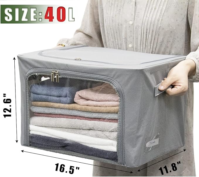 Clothes Storage Box Bins Stackable Foldable Organizer with Metal Frame for Clothing Bedding Shelves,Closet Container with Clear Window Zipper and Label Holder (Gray,Small-40L x3 Pack) - Image 2