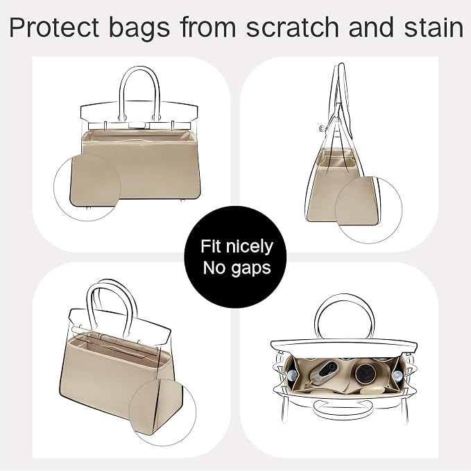 Fits for Brikin Bag Insert Organizer For Hermes(30 R,Champagne) | Premium Silk Material,Smooth Touch,Lightweight,zipper,protect from scratches & stains,multiple pockets,keychain,waterproof - Image 4
