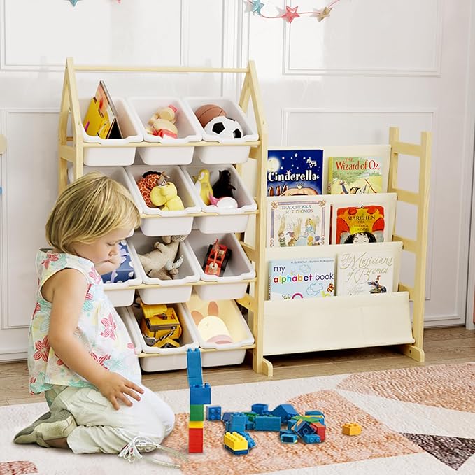 Wooden Toy Storage Organizer Kids Bookshelf, with 12 Toy Organizer Bins, Child Book Shelf for Kids Rooms, Nursery, Baby Room, Playroom, Montessori Toys Storage Organizers Rack Bookcase Shelves - Image 7