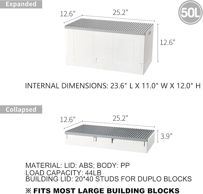 53 Qt. Folding Storage Box with Large Building Lid for Lego Duplo Blocks, 13 Gallon Collapsible Organizer for Lego Bricks (Gray) - Image 3