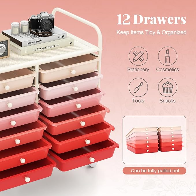 RELAX4LIFE 12-Drawer Rolling Storage Cart - Mobile Utility Cart on Wheels for School Classroom Teacher Office Salon, Paper File Art Supply Craft Organizer, Rolling Cart with Drawers (Gradient Pink) - Image 4