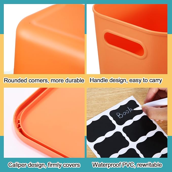 8 Pcs Plastic Storage Bins Stackable Baskets with Lid and Handle Colorful Desktop Storage Box Cubby Containers for Shelf Bedroom Office, Include 1 Erasable Marker, 16 Stickers (14 x 10 x 9 In) - Image 3
