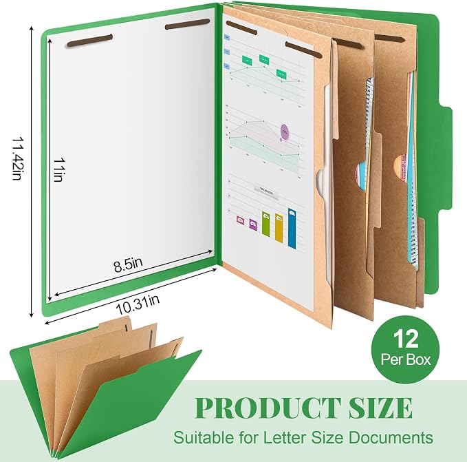 Skyygemm 12 Pcs Classification Folders 3 Pocket Dividers Letter Size Employee File Folder with 2 Prong Fasteners 2 in Expansion Pressboard Medical Document Organizers Bulk for School Office(Green) - Image 2