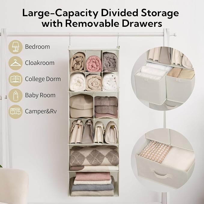 GRANNY SAYS Hanging Closet Organizer, 3 Drawers, 6 Shelves, Beige | Hanging Closet Organizer with 3 Different Drawer Designs, 6 Shelves & Reinforced Structure for Organized Small Spaces - Image 5