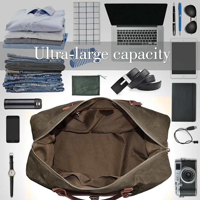 Oversized Travel Duffel Bag Waterproof Canvas Genuine Leather Weekend bag Weekender Overnight Carryon Hand Bag, Dark Brown - Image 3