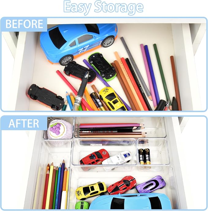 Manalete 15 Pcs Clear Plastic Drawer Organizer, Makeup & Vanity Organizer | 4-Size Versatile Desk Organizer & Storage Bins for Kitchen, Bathroom, Office, Jewelries, Easy Clean, Stackable, BPA-Free - Image 3