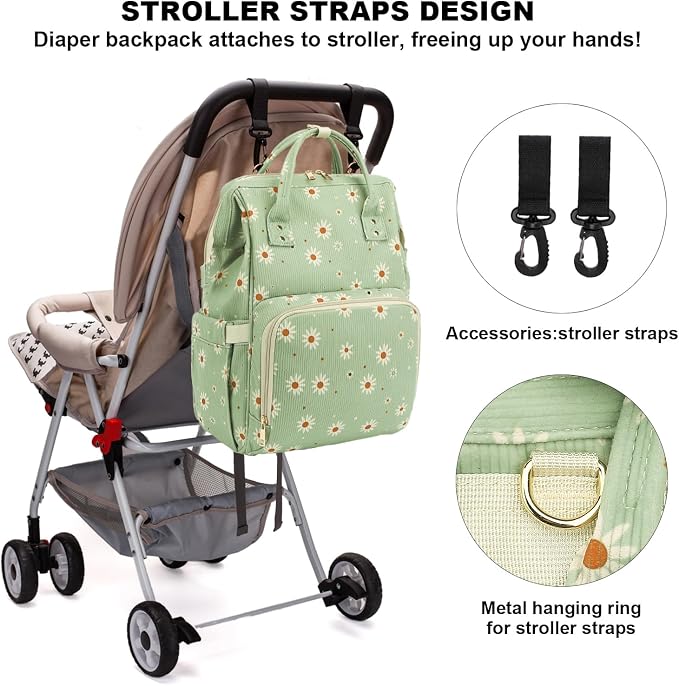 Corduroy Diaper Bag Backpack for Baby Girls Boys, Women Large Nappy Bags for Mom (Green Corduroy Daisy) - Image 6