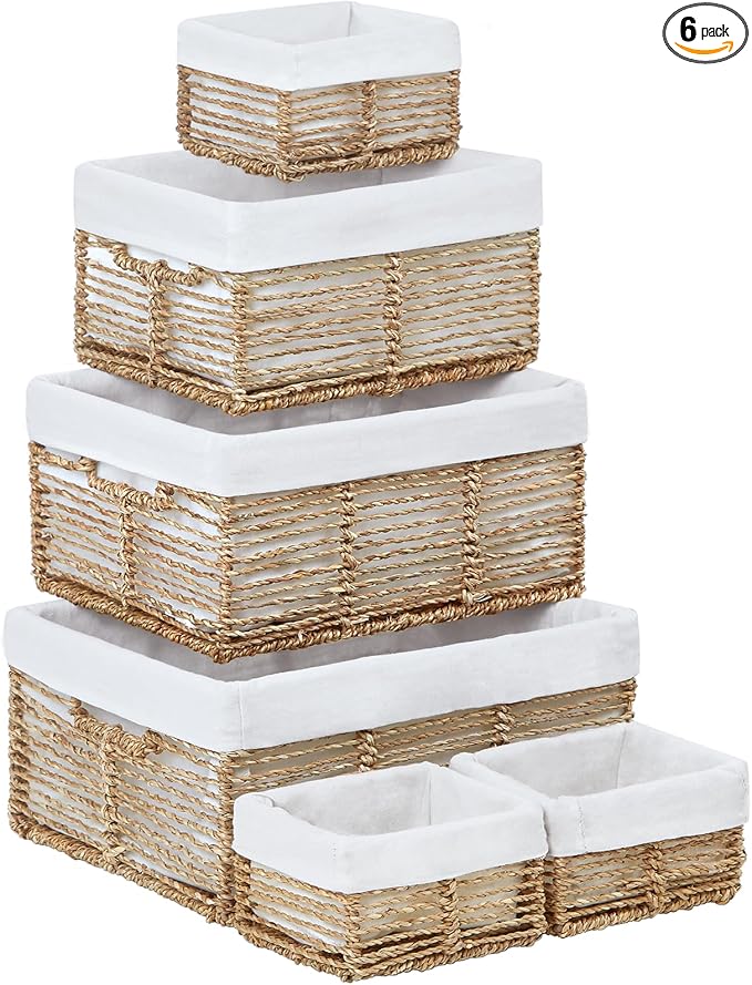 Wicker Storage Basket, 6 Pack Seagrass Baskets for Organizing, Wicker Baskets with Handle, Rectangular Woven Basket for Storage Shelves, Cube Storage Bins for Closet/Clothes/Dresser by Vagusicc