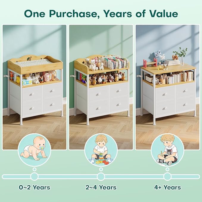 POKIPO Bamboo Changing Table Dresser with Sturdy Metal Frame, 4 Fabric Drawers, 3-in-1 Baby Dresser with Changing Table Top, Diaper Changing Station and Storage Organizer for Modern Nursery - Image 7