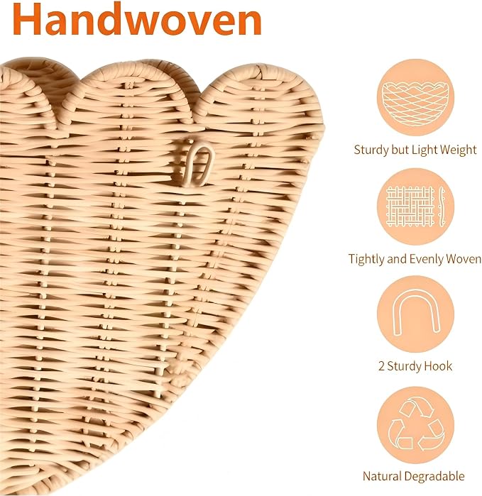 Handwoven Scalloped Wall Basket, 2Pcs Natural Rattan Hanging Wicker Baskets for Wall Storage & Decor, Boho Farmhouse Wall Basket Decor for Bathroom, Living Room, Nursery(16" & 14") (Natural) - Image 7