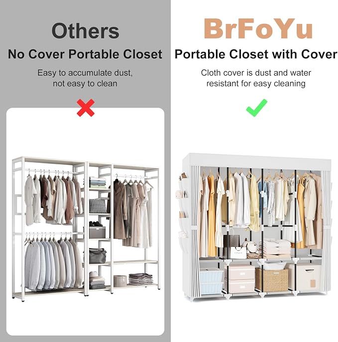 Portable Closet for Hanging Clothes, 67 Inch Wide Portable Wardrobe Closet with Cover, 4 Hanging Rod, Storage Shelves and Side Pockets, Large Free Standing Closet for Bedroom, White - Image 8