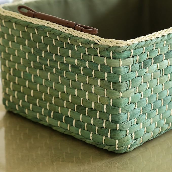 Kingwillow Basket Woven Maize Straw Storage with Handle(Green,Small) | cute rustic look, for countertop, bathroom, cabinet, organize towels, gifts, household sundries - Image 4