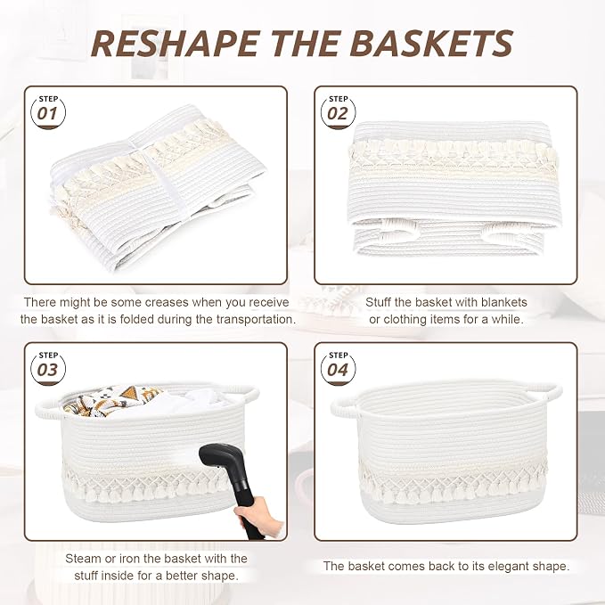 6 Pack Storage Basket for Shelves, Boho Cotton Rope Storage Bins with Heavy Tassel, Shelf Baskets Large Woven Baskets for Organizing, Cube Organizer Bins, Baby Laundry Basket for Clothes, Toys, Pets - Image 8