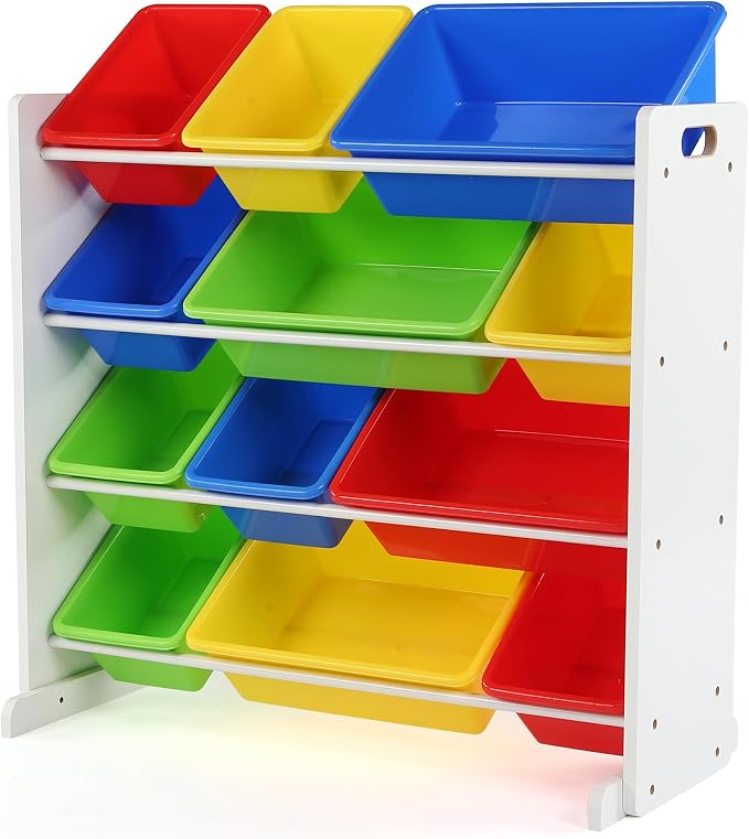 Humble Crew Kids Toy Organizer with 12 Bins, 4 Tier Storage for Playroom | Sturdy wood and steel toddler shelf, removable BPA-free containers, wall anchor anti-tip safety kit for bedroom or classroom by HumbleCrew