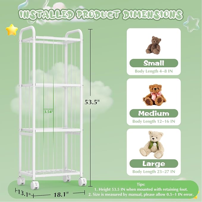 Stuffed Animal Storage Organizer with Wheels for Nursery Playroom | 53.5"x18.1"x13", holds 50+ plushies, sturdy metal frame, 4 casters with 2 brakes, wall anchor included, rounded corners - Image 3