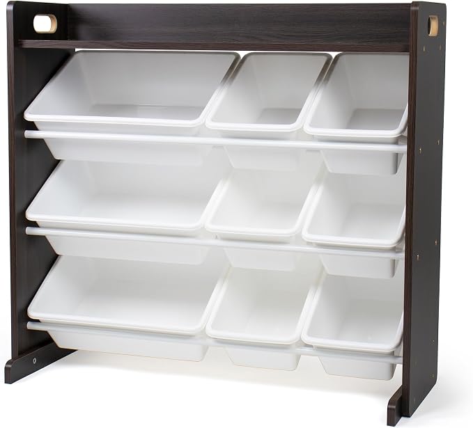 Humble Crew Kids Toy Organizer with Display Shelf, 9 Bins, 3 Tier Storage | Sturdy wood and steel toddler shelf, removable BPA-free containers, wall anchor anti-tip safety kit for bedroom or classroom by HumbleCrew