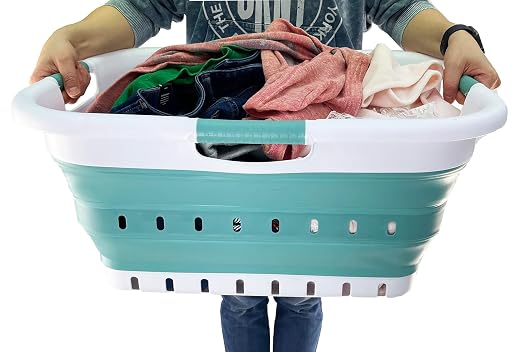 SAMMART 41L (10.8 Gallons) Collapsible 3 Handled Plastic Laundry Basket - Foldable Pop Up Storage Container/Organizer - Space Saving Hamper/Basket (2, White/Celadon Green) - Image 5