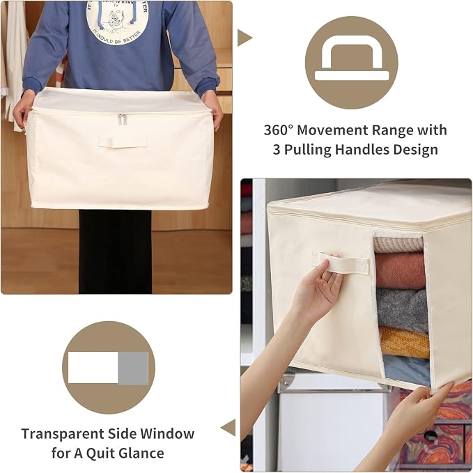 3 Pack Canvas Comforter & Blanket Storage Bags with Clear Window, Beige | Large Capacity, Cotton Linen Fabric, Reinforced Handles, Foldable Design for King Comforters, Clothes and Blankets Storage - Image 4