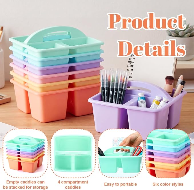 Lineshading 6 Pack 3 Compartment Classroom Caddy with Handle Pastel Multipurpose Portable Plastic Classroom Storage Organizer Caddies for Table Desk Office School Supply - Image 3