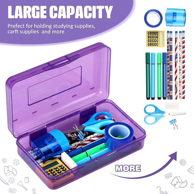 Fainne 24 Pack Clear Plastic Pencil Box,Purple | Stackable Organizer for School Supplies, Large Case for Crayons Markers, Snap-lid Keeps Stationery Secure, Bulk Set - Image 4