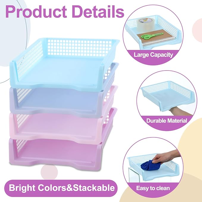 8 Pack Pastel Plastic Turn in Paper Trays for Classroom Storage Bin Basket Organizers for School Teacher Supplies Classroom Office Home Organization Storage Tray Holds 4A Paper File Document - Image 3