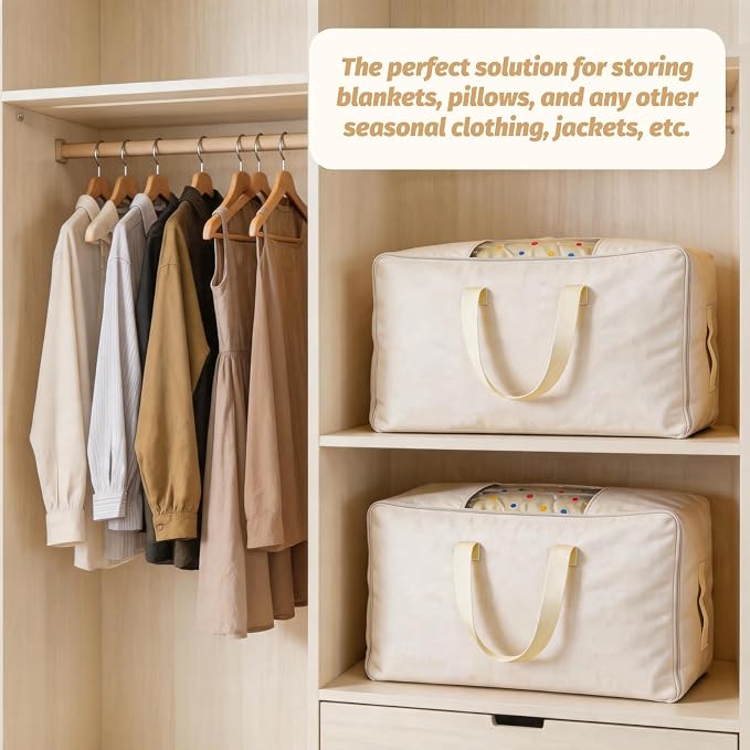 Soft Large Canvas Storage Bags with Zipper. Thick Breathable. Four Carrying Handles and Window. Cotton Linen Storage for Pillows, Quilt, Blankets and Comforter, 80L, Beige - Image 7
