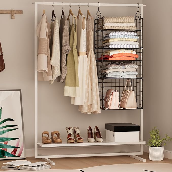 X-cosrack Closet Hanging Organizer Shelves - 5 Tier Wardrobe Organizers and Storage Bin, Hanging Organizer Shelves, Clothes Shelf with Adjustable Dividers for Bedroom Closet Sweater Shoes Handbag - Image 5