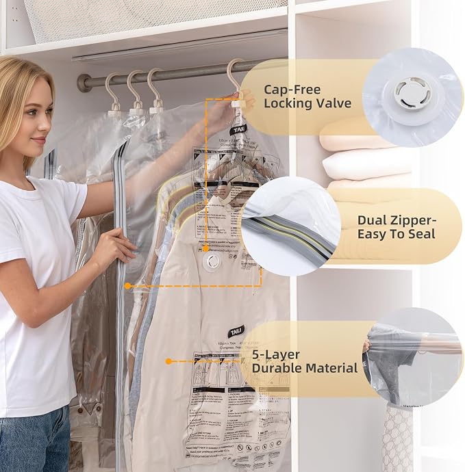 Hanging Vacuum Storage Bags, 6 Large Vacuum Pack Bags for Clothes Reusable Space Saver Bags Vacuum Compression Storage Bags for Winter Coats Wardrobe Coats, Suits & Dresses Garment 5-Ring Hangers | Vacuum Bag Clothing Vacuum Bag for Suits, Coats, Jacke... - Image 6