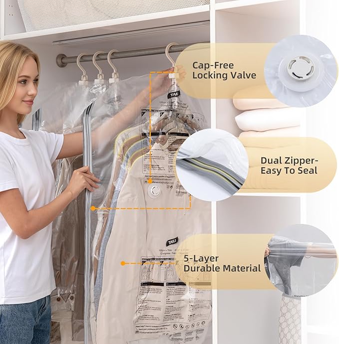 TAILI Hanging Vacuum Storage Bags for Clothes Space Saver 4 Combo Clear | Vacuum Seal Bags for Clothing Travel, Winter Clothes Storage Closet Organizers, Garment, Coats, Suits and Jackets - Image 5