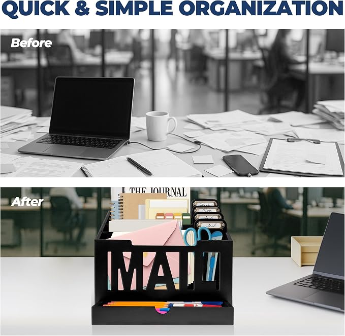 Mail Organizer Countertop, Desktop Mail Sorter with Drawer & Label Tags, BK | Bills, Letters, Envelopes & Receipts - Image 4