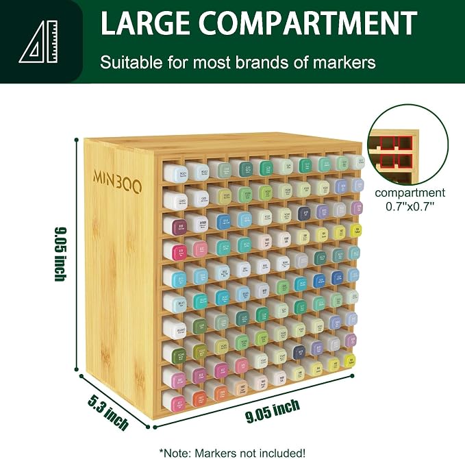 MinBoo Art Marker Storage Organizer for 100 Markers, Bamboo Art Supply Rack, Pens Color Pencils Paint Brushes Stationary Organizer Holder for Home Classroom Office Desk Decor - Image 2