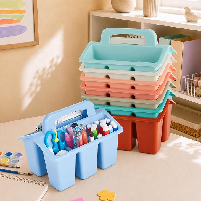 gisgfim 8 Pack Boho Classroom Caddy Table Organizer with Handle | Sturdy plastic construction, 4 divided slots, space-saving stackable design, smooth grip, portable center handle - Image 4